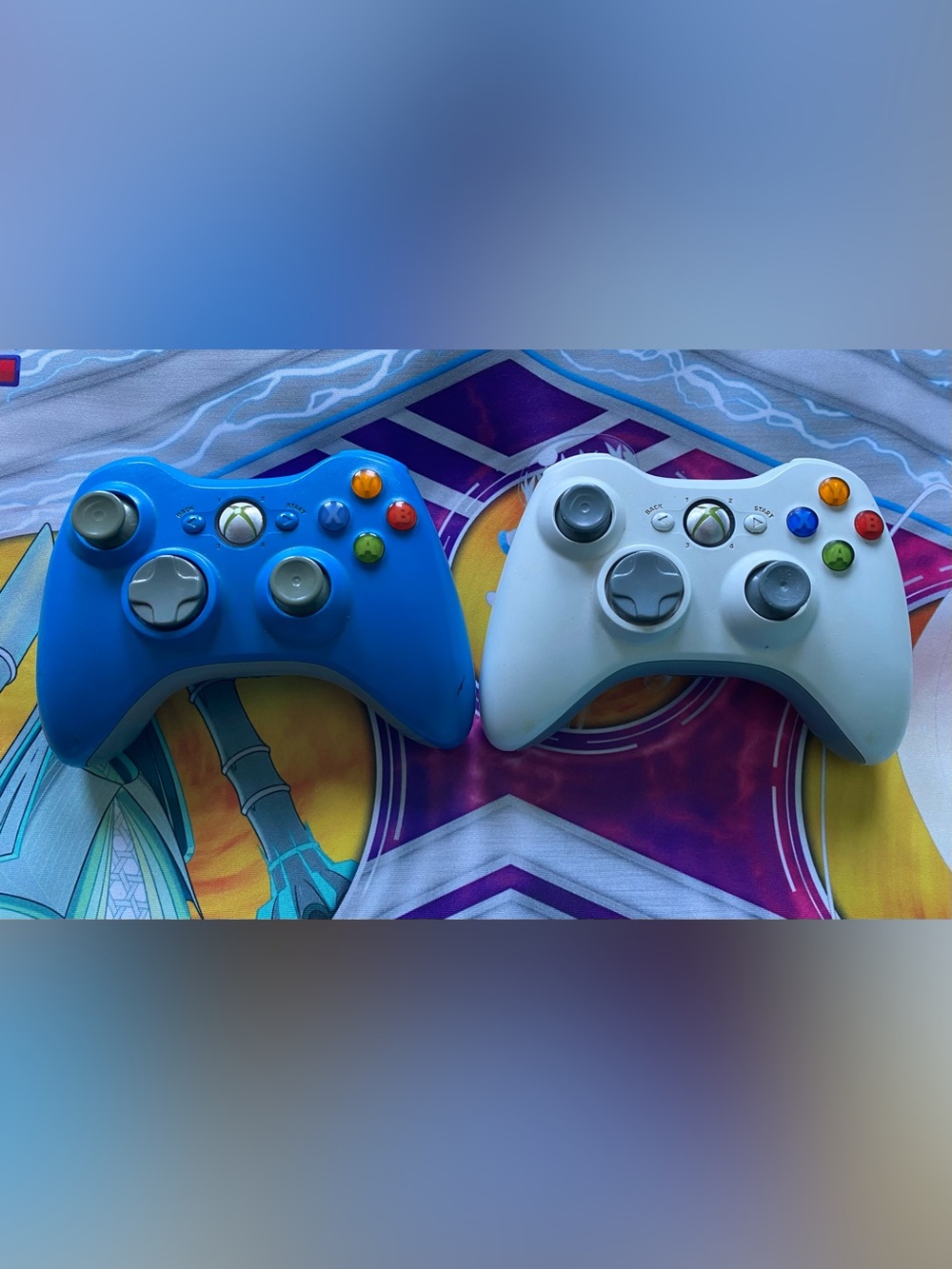 Lot Of 2 Microsoft Xbox 360 Blue And White Wireless Controllers OEM Tested